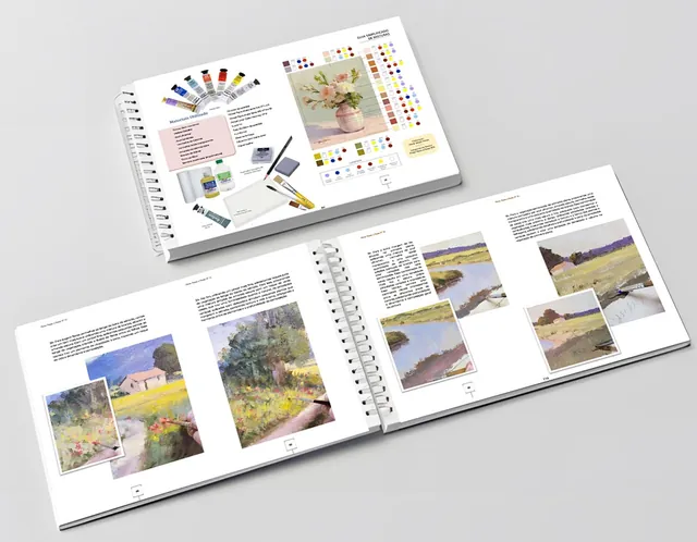 Duas apostilas abertas: numa, os materiais utilizados e o guia de misturas da pintura floral; na outra, as etapas de uma paisagem com casa, campo e rio
