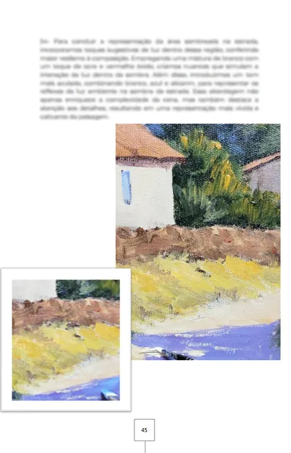 Página 45 da apostila: a casa e o campo pintados, com um detalhe ampliado da pincelada