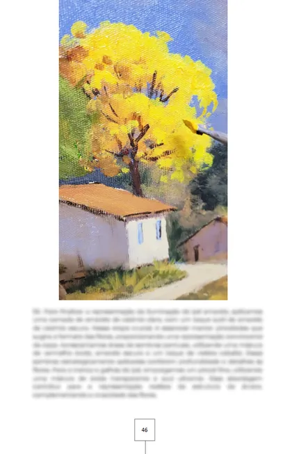 Página 46 da apostila: o ipê amarelo e a casinha pintados, com o texto da etapa embaixo