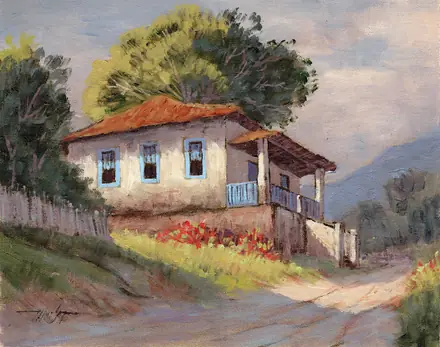 Pintura de Mário Sérgio Freitas: casa antiga de janelas azuis e varanda, na curva de uma estrada de terra