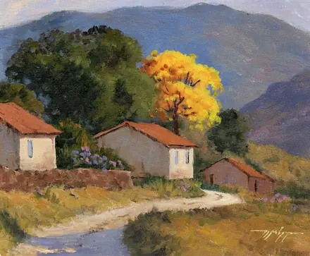 Pintura de Mário Sérgio Freitas: casinhas de telhado vermelho, um ipê amarelo e as serras ao fundo