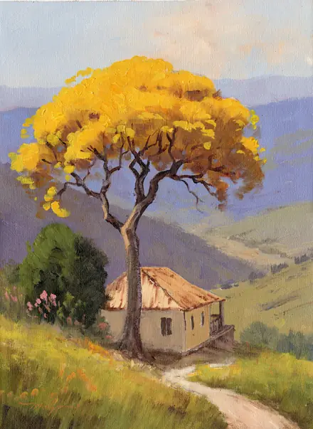 Pintura de Mário Sérgio Freitas: um ipê amarelo florido ao lado de uma casinha, com as serras azuladas ao fundo