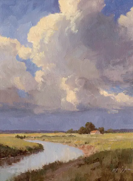 Pintura de Mário Sérgio Freitas: grandes nuvens sobre um campo, com um rio em curva