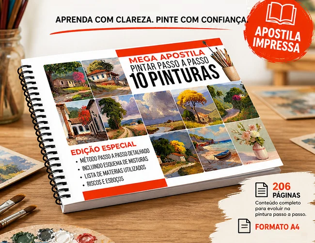 A Mega Apostila Pintar Passo a Passo sobre uma mesa de madeira, entre pincéis, paleta e quadros, com a frase Aprenda com clareza, pinte com confiança e o selo Apostila impressa